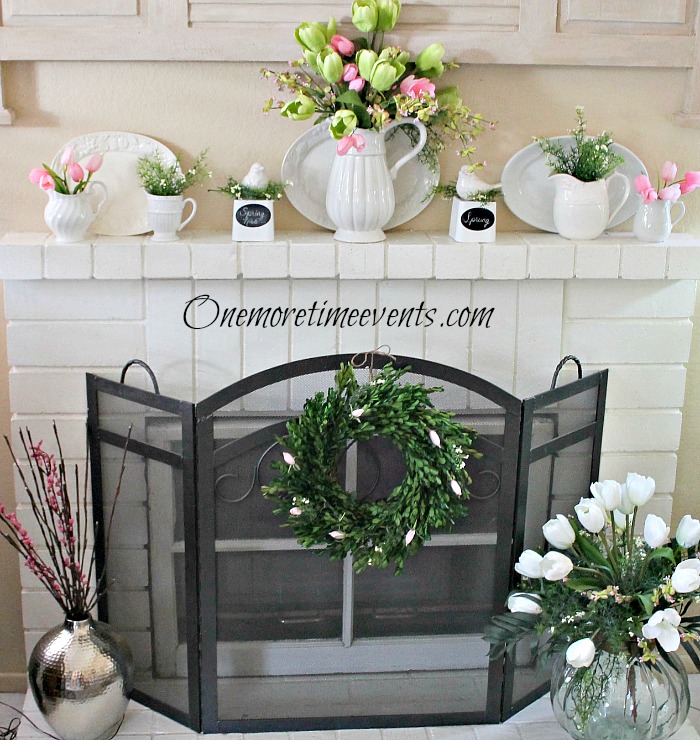 spring mantel spring has sprung, crafts, fireplaces mantels, seasonal holiday decor, wreaths, Decorating with White Pitchers and Tupilps