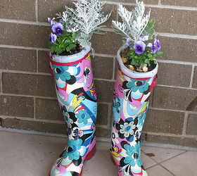 funky wellington boots as planters, gardening, repurposing upcycling, Wellies are weighted down with rocks and in the top is a yoghurt carton that has potting mix and drainage holes