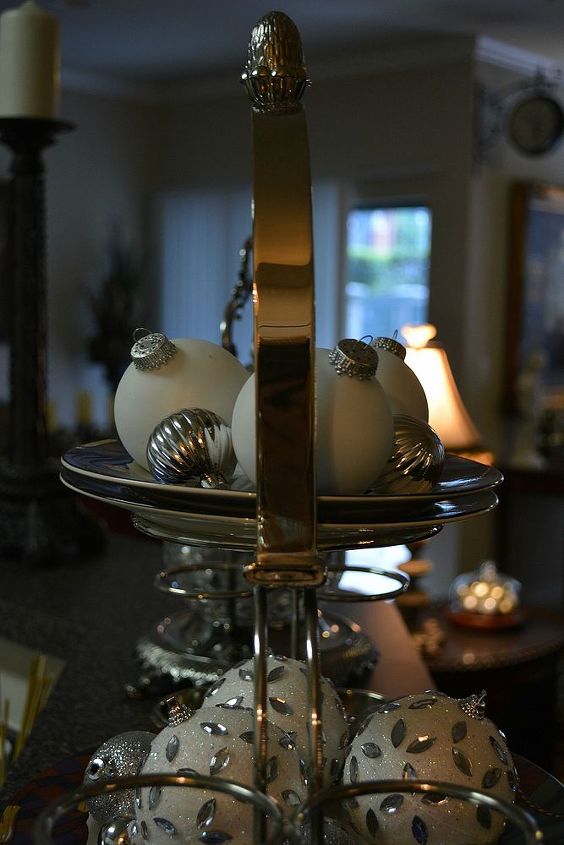 holiday home tour tis the season home tour, seasonal holiday d cor, White and silver ornaments on a silver plate holder