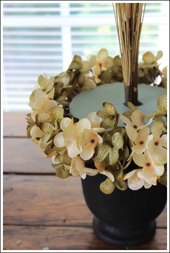 autumn flower arrangement, seasonal holiday decor, Two large hydrangeas cut into smaller pieces encircle the urn