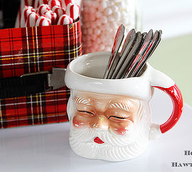 cozy hot cocoa station for the holidays, christmas decorations, seasonal holiday decor, Spoons put in a vintage Santa head mug which was bought at a thrift store