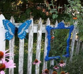 garden walk fairies gnomes and flower garden design, flowers, gardening, outdoor living, repurposing upcycling, Love this colbalt blue mirror along the white picket fence