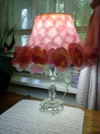repurpose lamp shade to shabby chic, crafts, home decor, Now looking for the perfect spot I did glue up the hanging petal for a better look