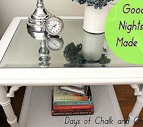 reinventing a goodwill table into a chic nightstand, painted furniture, repurposing upcycling, It is the perfect size and complement to my bedroom which is filled with dark furniture The white and mirror finish sparkles up the space
