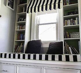 our window seat family library, diy, home decor, how to, storage ideas, The finished project from the top of the stairs complete with cushion and awning