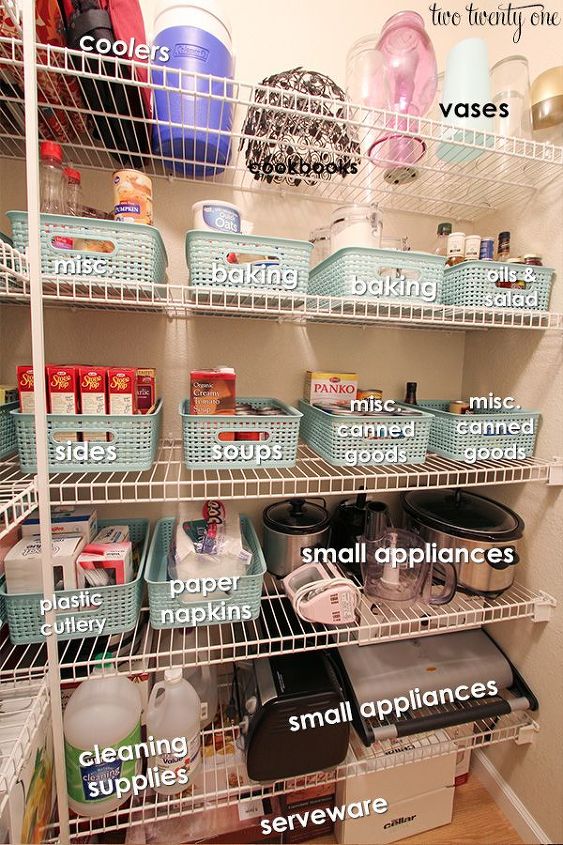 7 ways to create pantry and kitchen storage, closet, kitchen design, shelving ideas, storage ideas, Use boxes wicker baskets or trays to store similar items