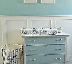 complete nursery remodel, bedroom ideas, home decor, White board and batten iron hamper from Wold Markets and a two tone upcycled dresser converted into a changing table