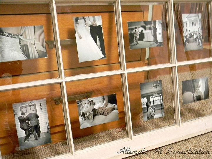 using an old window to display photos, crafts, repurposing upcycling, The easiest way to hang your window on the wall is by attaching D hooks to the window and using heavy duty Monkey Hooks This will also keep there from being a large hole if you decide to move it later