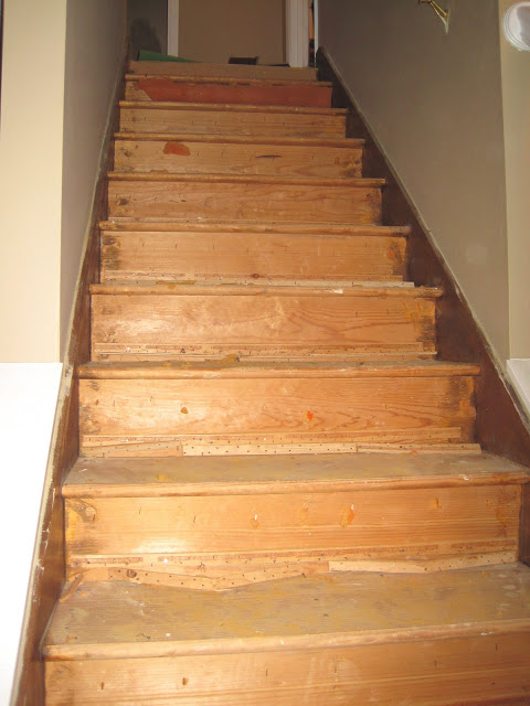 entryway progress, foyer, stairs, Before nasty old carpet was ripped out and all of the staples removed