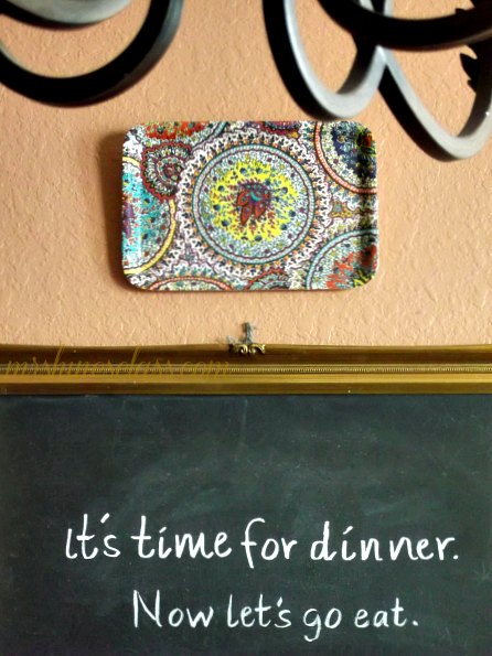 the tale of a french country dining room, home decor, a colorful tray that I received for Christmas tops the DIY chalkboard