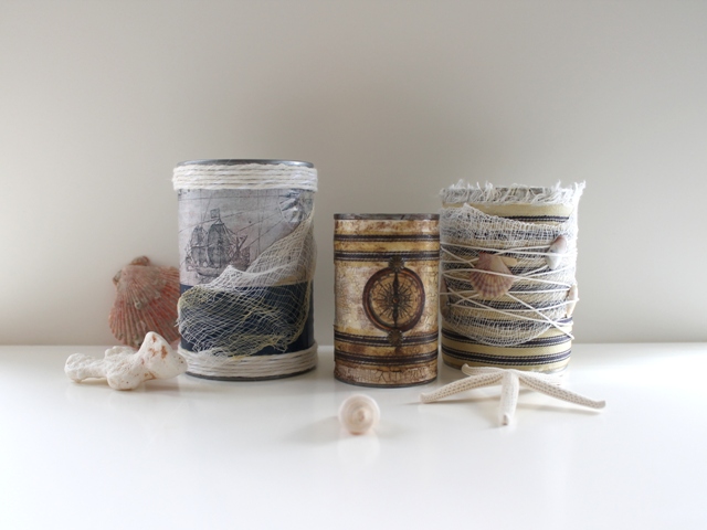 weathered nautical cans, crafts, decoupage, Cover the cans in paper twine gauze shells and nautical graphics