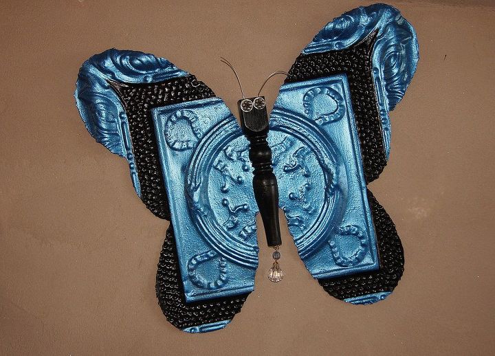 morphing antique tile in to a butterfly, crafts, repurposing upcycling, Painted with metallic blue and black craft paint Sealed with Krylon Clear Satin