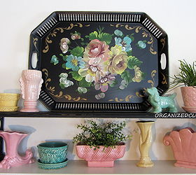 a tole tray inspired spring mantel, seasonal holiday d cor, I gathered my vintage flower pots and vases in pink turquoise and yellow