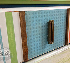 funky wardrobe upcycle, painted furniture, rustic furniture, Scrapbook Paper stained 1 4 round and a vintage drawer pull change the look of this drawer