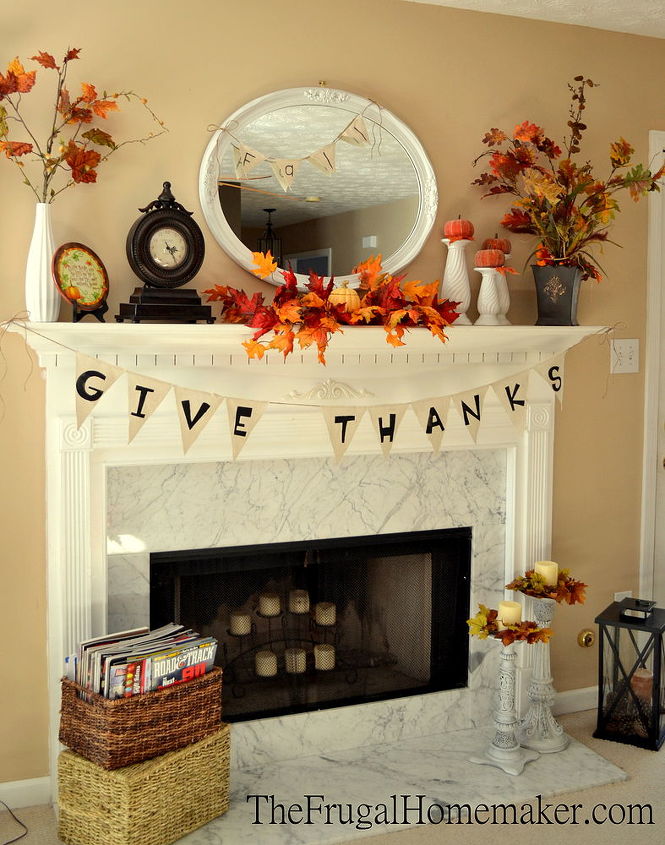 fall mantel, crafts, fireplaces mantels, living room ideas, seasonal holiday decor, thanksgiving decorations, added a linen burlap like banner in time for Thanksgiving