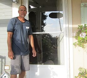 semi easy refurbishment of and older glass storm door to like new, doors, repurposing upcycling, AFTER Alan Weiss standing proudly by his cleaned and coated glass storm door Notice the high clarity and reflective glass and WHITE door frame Looks like New