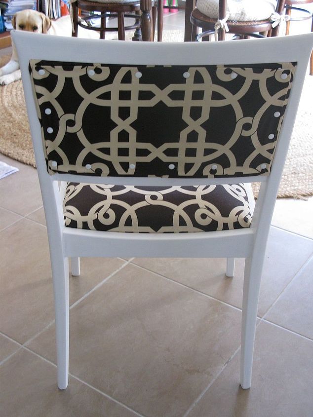 revamp two dining chairs two different looks, painted furniture, white decorative upholstery pins took care of the back