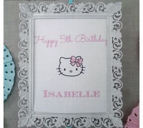 hello kitty birthday party, crafts, mason jars, I spray painted an old frame white added another printable to the center and tacked it to a cork board with blue polka dot ribbon