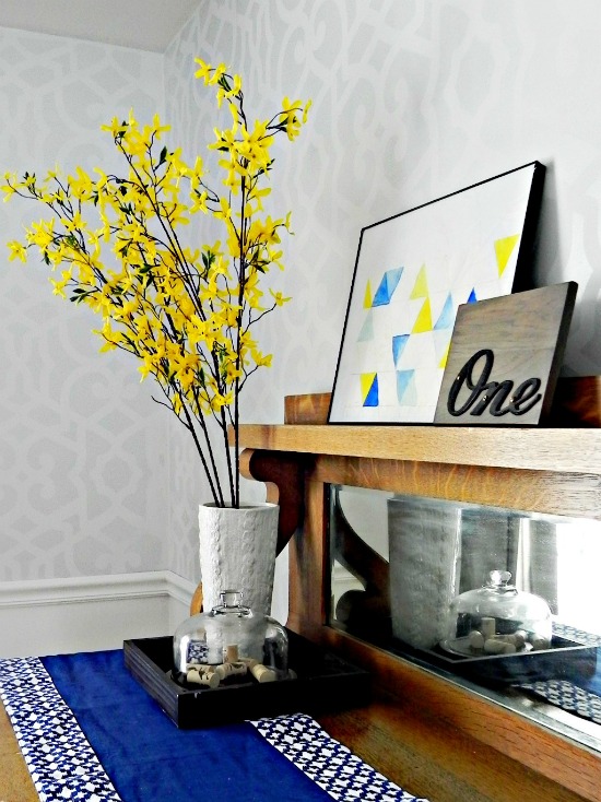 our blue grey and yellow dining room, home decor, Buffet styling