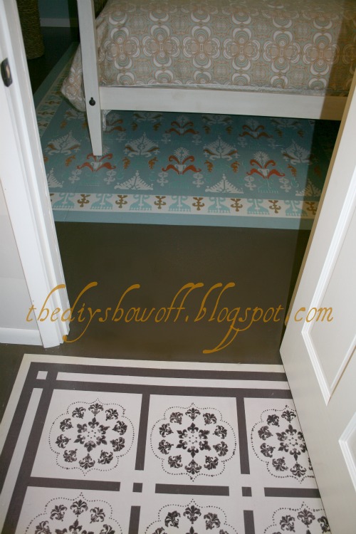 pictures of the painted and stenciled floor, flooring, painting, Where the painted guest bedroom meets the painted guest bathroom