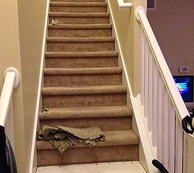 q stair remodel, diy, flooring, stairs, When I started pulling up the carpet off the stairs Yuck