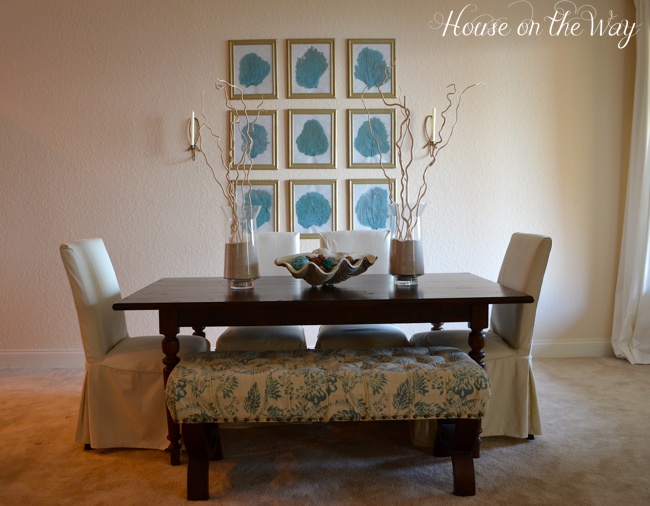diy sea fan wall decor, crafts, home decor, The aqua color of the sea fans coordinates with the bench that sits at the table