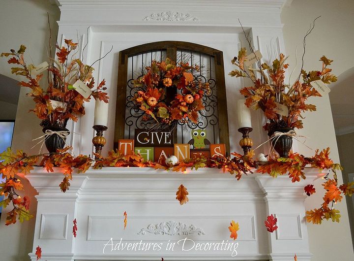 our 2013 fall mantel, seasonal holiday d cor, wreaths, Fishing line came in handy to have a few falling leaves