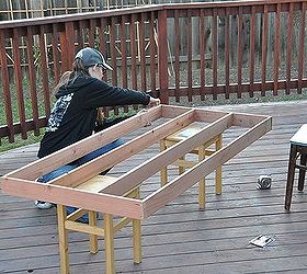 colorful outside picnic table, outdoor furniture, outdoor living, woodworking projects, When you build anything mark all your cuts before you cut anything You can erase and remark but you can t reattach wood you already cut off We would have been back at the lumber yard without this step