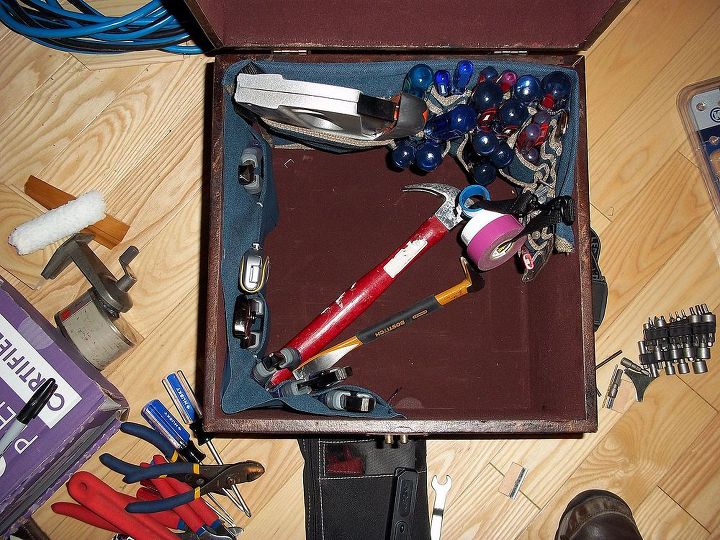 indoors tool storage, organizing, painted furniture, storage ideas, Staple the two pieces into the box and load it up