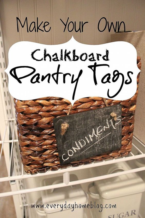 operation organize pantry organizing amp diy chalkboard pantry tags, closet, organizing, Some leftover luan paneling some Valspar chalkboard spray paint and some jute twine and we made these cute little pantry tags