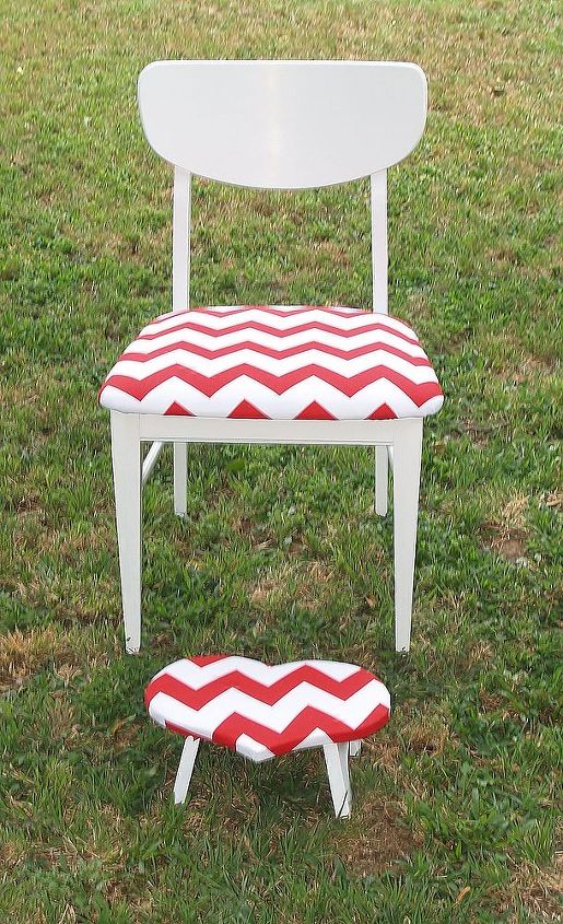 three different chair restyles with chevron, painted furniture, But this red with the heat shaped footstool really made me smile