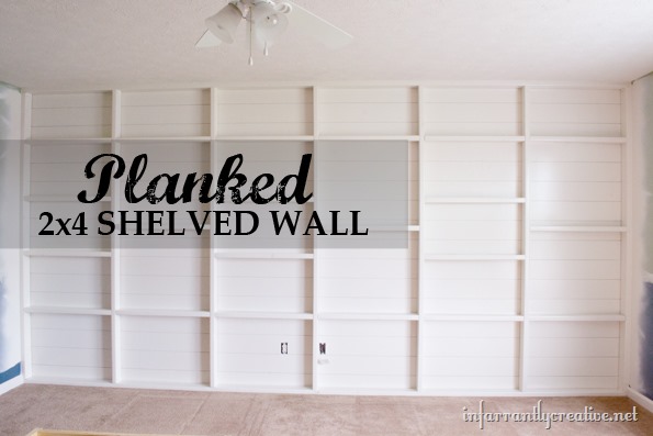 planked and 2 x4 shelved feature wall, diy, painting, wall decor, woodworking projects