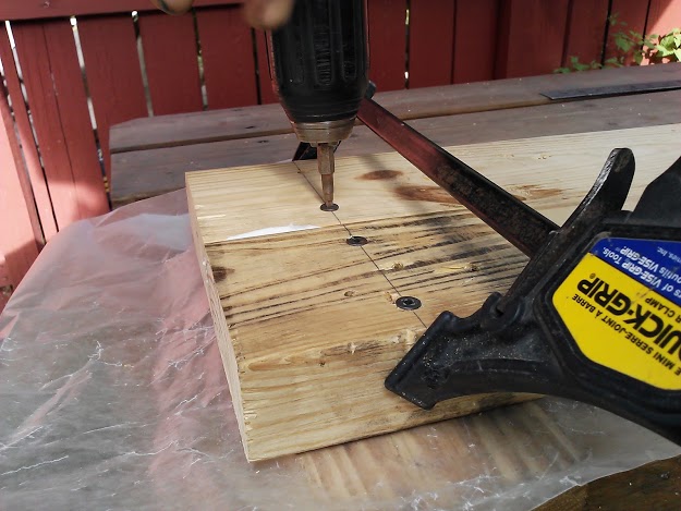 over the sink shelf from pallet wood, diy, kitchen design, pallet, shelving ideas, woodworking projects, Clamping and marking for screw holes