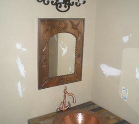 guest bathroom makeover, bathroom ideas, home improvement, small bathroom ideas, tiling, I picked up a copper mirror in old town Colorado City Co at a Mexican import store the sink and faucet came from ebay The sink had a small dent in it which I turned toward the faucet 75 bucks I was thrilled