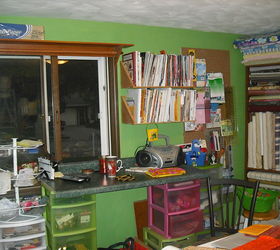 quilting room in our home we just sold a while ago, craft rooms, home decor, organizing, Bought a counter top to go on top of storage use for painting etc and extra space to work in also put my shelf over the window and will put things on top of it and hang drapes never got to do that oops