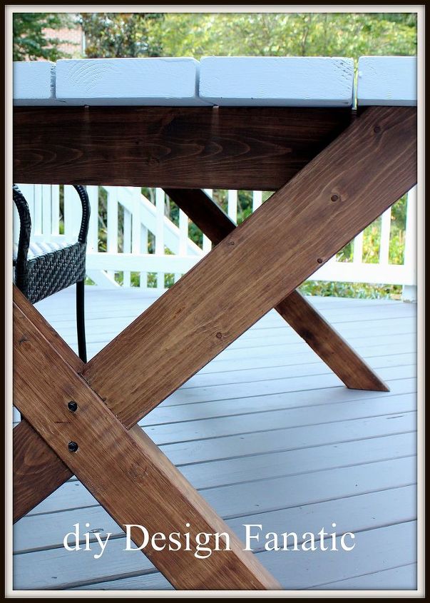 pottery barn inspired picnic table, outdoor furniture, outdoor living, painted furniture, We used Behr Cordovan Brown transparent deck stain on the table apron and legs
