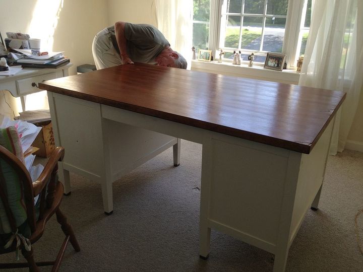 q drawer pulls any ideas on how to spruce up drawers, painted furniture, Hubby setting up my work space I used 2 coats Ben Moore White Linen after priming lots of cleaning before hand Golden oak stain and 3 coats of poly Love Love