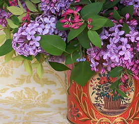 arranging flowers in vintage tins, flowers, gardening, home decor, repurposing upcycling, Let the colors of the tin s decoration suggest the flower colors
