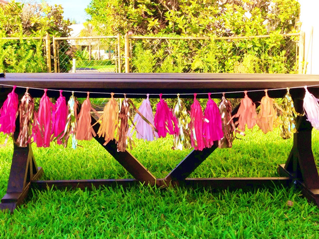 diy farmhouse table, diy, painted furniture, woodworking projects, The finished product Decorated with a tassel garland