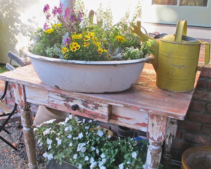 container garden in a vintage enamelware tub, container gardening, flowers, gardening, repurposing upcycling, Looks pretty here but not sunny enough