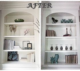 staging a bookshelf with help from your friendly neighbourhood dollar store always, home decor, storage ideas, Lots of dollar store finds intermingled with her treasures Helped a lot to turn the books all around backwards
