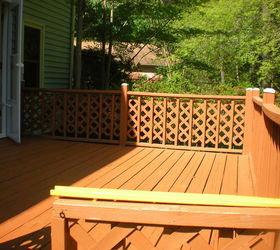stained deck tile bath cabinets painted, home maintenance repairs, how to, notice how neat ballusters are