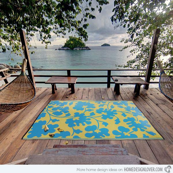 decorative outdoor rugs, outdoor furniture, outdoor living, reupholster, Outdoor Rug with intricate Blue Yellow pattern