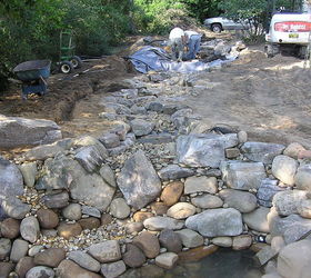 professional pond builders perspective on a backyard pond makeover in before during, outdoor living, ponds water features, Next in the process is creating the stream formation This is where creativity meets form and function Stream construction is often a signature among Pond builders allowing creativity through rock placement Let it rip