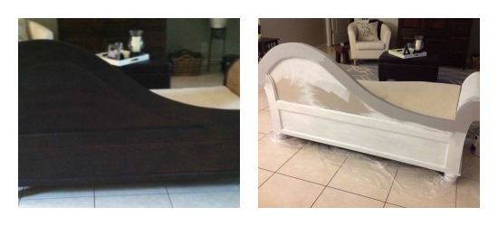 a sanded and primed chaise waiting to be painted, painted furniture, before and during