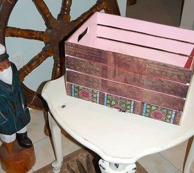 decoupaged jewelry box side table amp a crate from joann s fabrics, crafts, decoupage, AFTER pic Crate turned into a Fairytale book box for my daughter Spray painted inside pink and decoupage a Fairytale theme on the outside