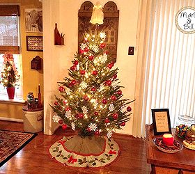 decking the halls with simplistic decor, christmas decorations, seasonal holiday decor, Various shades of red and designs with white snowflakes for a simplistic tree