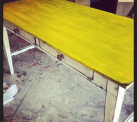 painted pieces, painted furniture, BRIGHT yellow muted a bit by dark wax with a shabby white lower half