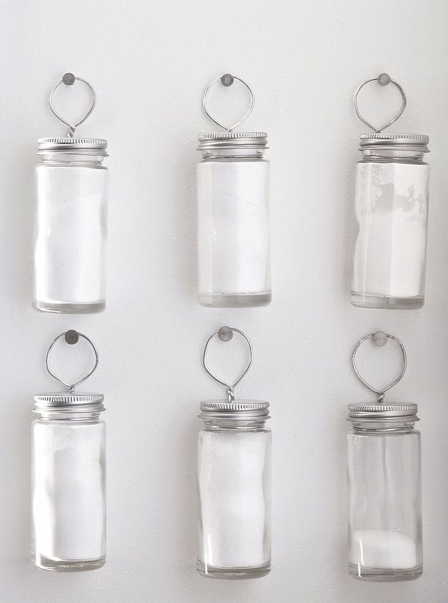 simple spice storage, organizing, storage ideas, Inexpensive spice jars hung with nails and floral wire