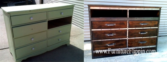 the ultimate dumpster diving flip aka dumpster dresser, diy, painted furniture, Ugly Mint Green Dresser to Industrial Looking Heavy Metal Entertainment Center